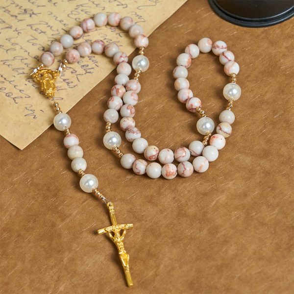 Christianartworkshop Matte Pink Zebra Jasper and Pearl Rosary with Miraculous Medal and Crucifix