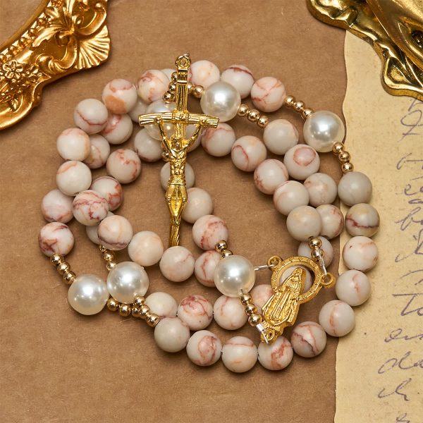 Christianartworkshop Matte Pink Zebra Jasper and Pearl Rosary with Miraculous Medal and Crucifix