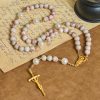 Christianartworkshop Matte Pink Zebra Jasper and Pearl Rosary with Miraculous Medal and Crucifix