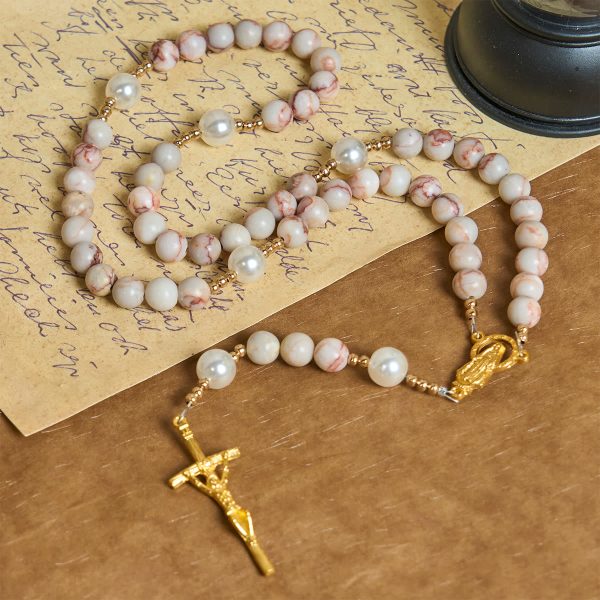 Christianartworkshop Matte Pink Zebra Jasper and Pearl Rosary with Miraculous Medal and Crucifix