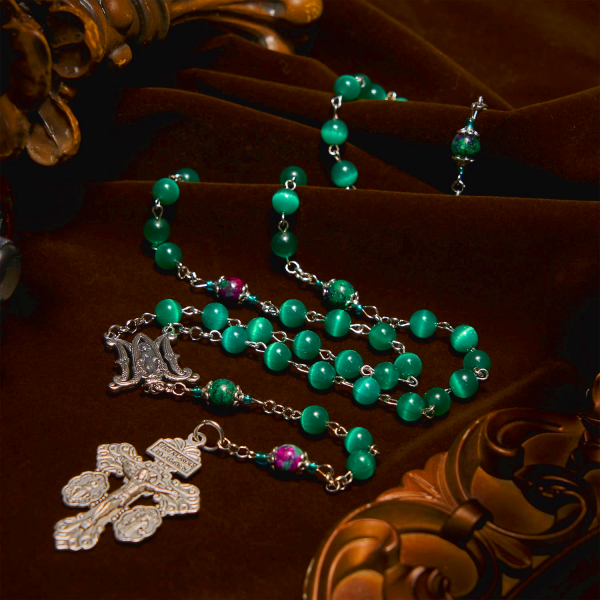 Natural Peacock Green Cat Eye Bead with Miraculous Medal & Crucifix Rosary