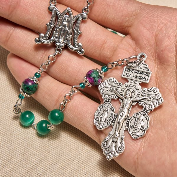 Natural Peacock Green Cat Eye Bead with Miraculous Medal & Crucifix Rosary