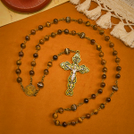 Natural Tiger Eye Beads and Bronze St. Benedict Medal & Crucifix Rosary