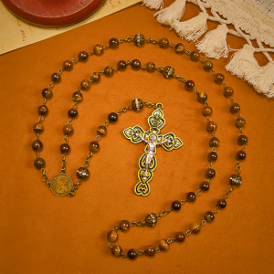 Natural Tiger Eye Beads and Bronze St. Benedict Medal & Crucifix Rosary