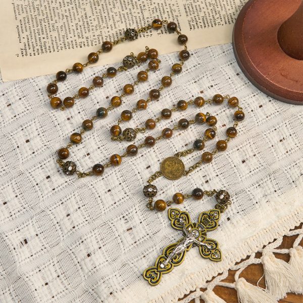 Natural Tiger Eye Beads and Bronze St. Benedict Medal & Crucifix Rosary