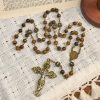 Natural Tiger Eye Beads and Bronze St. Benedict Medal & Crucifix Rosary