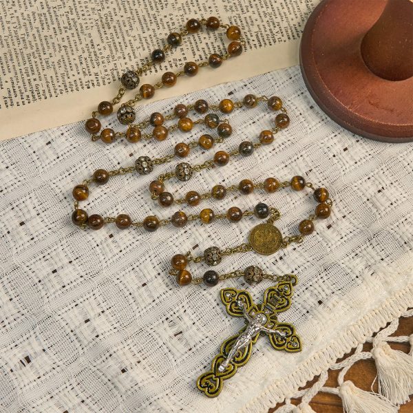 Natural Tiger Eye Beads and Bronze St. Benedict Medal & Crucifix Rosary