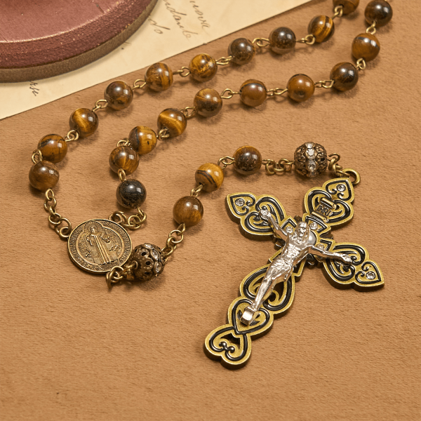 Natural Tiger Eye Beads and Bronze St. Benedict Medal & Crucifix Rosary