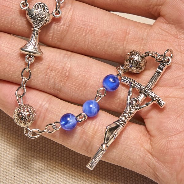 Elegant 6mm Gradient Blue Round Beads with Holy Grail and Crucifix Rosary