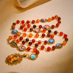 Madonna Medal & Saint Symbols of Dreamy Brown Agate Beads Rosary