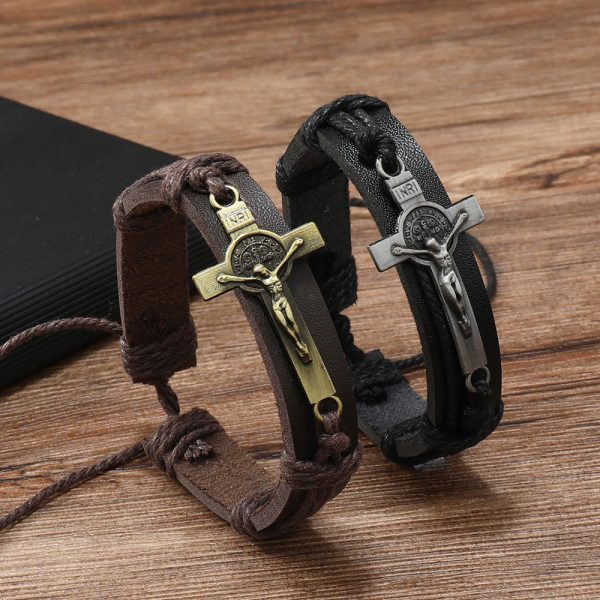 Christianartworkshop Classic Style Brown or Black Leather Adjustable Bracelet with Crucifix