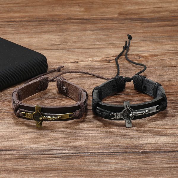 Christianartworkshop Classic Style Brown or Black Leather Adjustable Bracelet with Crucifix