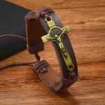 Classic Style Brown or Black Leather Adjustable Bracelet with Crucifix