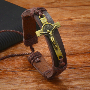 Classic Style Brown or Black Leather Adjustable Bracelet with Crucifix