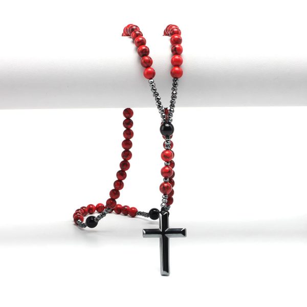 Natural Red Turquoise & Black Agate Rosary with Cross: For Faithful Prayer