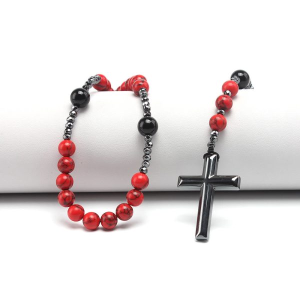 Natural Red Turquoise & Black Agate Rosary with Cross: For Faithful Prayer