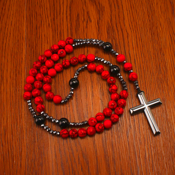 Natural Red Turquoise & Black Agate Rosary with Cross: For Faithful Prayer