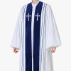 Christianartworkshop White Church Clergy Robe with Embroidered Crosses and Blue Panel Design