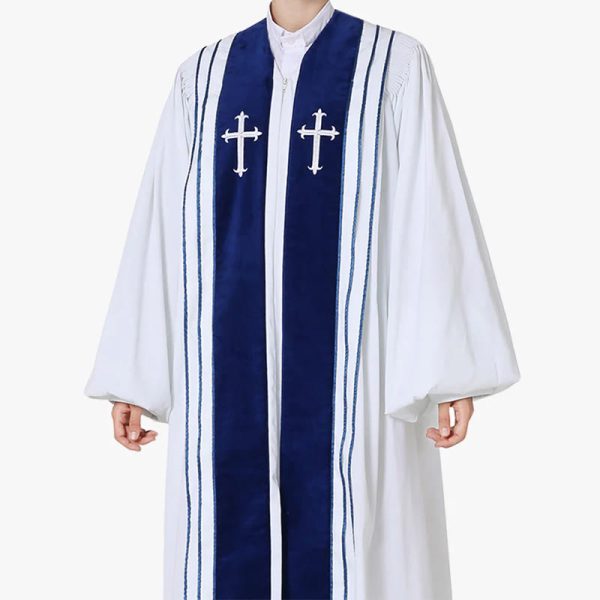 Christianartworkshop White Church Clergy Robe with Embroidered Crosses and Blue Panel Design