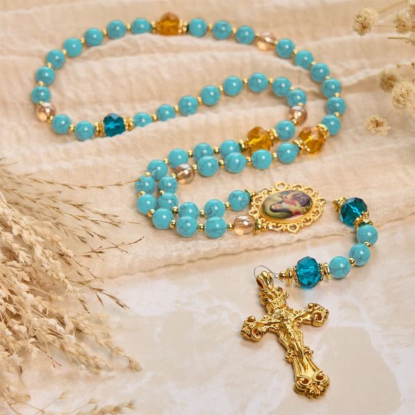 Christianartworkshop Handcrafted Turquoise & Gold Alloy Rosary with Crucifix & St. Therese Medal: Graceful Spiritual Bond