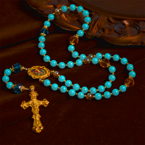 Handcrafted Turquoise & Gold Alloy Rosary with Crucifix & St. Therese Medal: Graceful Spiritual Bond