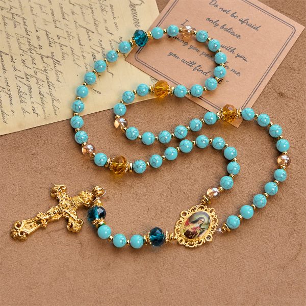 Christianartworkshop Handcrafted Turquoise & Gold Alloy Rosary with Crucifix & St. Therese Medal: Graceful Spiritual Bond
