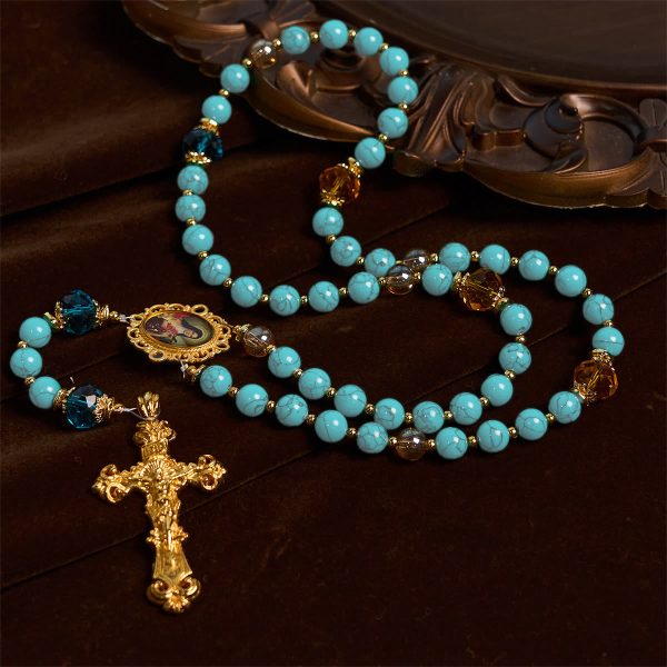 PRAYERFUL FAITH: Handcrafted Turquoise & Gold Alloy Rosary with Gift Card