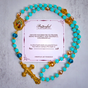 PRAYERFUL FAITH: Handcrafted Turquoise & Gold Alloy Rosary with Gift Card