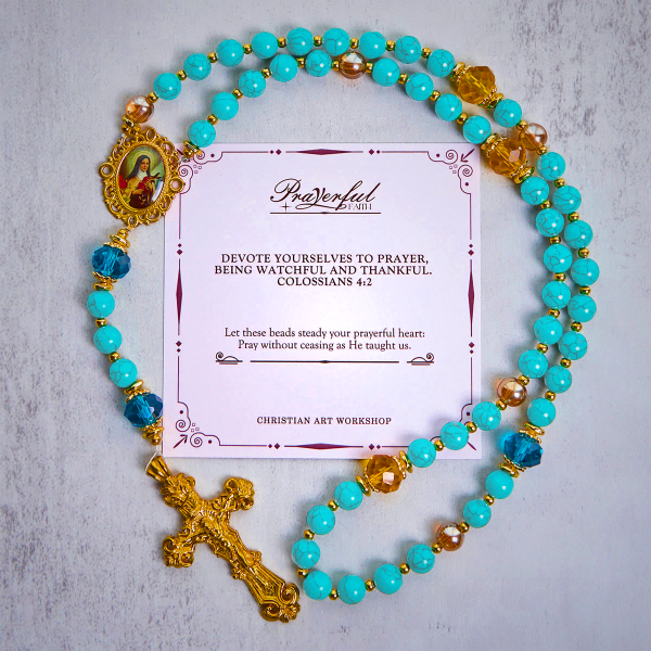 PRAYERFUL FAITH: Handcrafted Turquoise & Gold Alloy Rosary with Gift Card