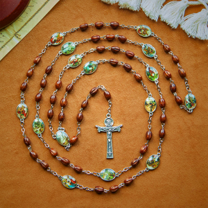 Vintage 15 Station Rosary with Natural Wooden Beads & Saint Portrait Charms