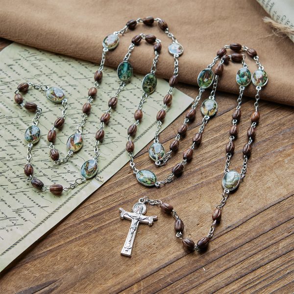 Vintage 15 Station Rosary with Natural Wooden Beads & Saint Portrait Charms