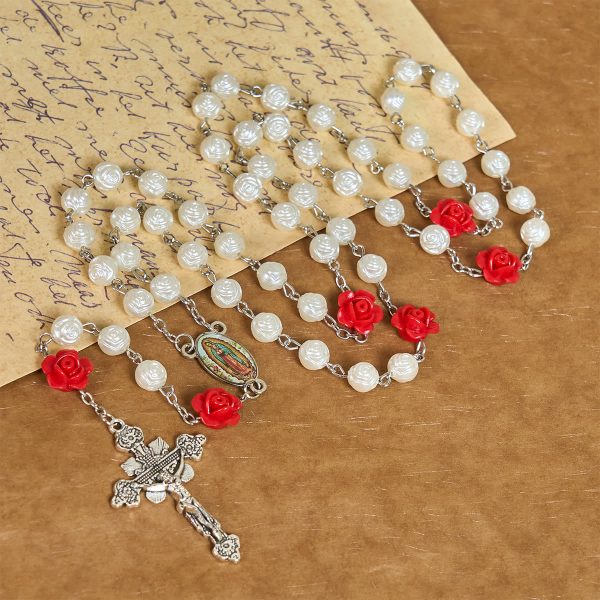 Graceful White and Red Rose Beads Rosary with Blessing Crucifix & Our Lady