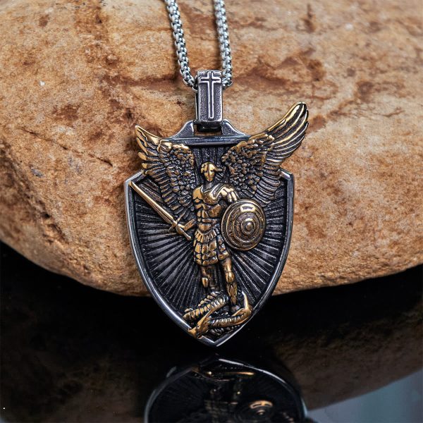 Christianartworkshop Vintage Shield St. Michael the Archangel Stainless Steel Pendant Necklace