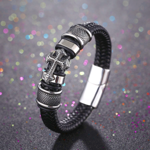 Classic Two-Tone Holy Cross Leather Bracelet with Braided Design