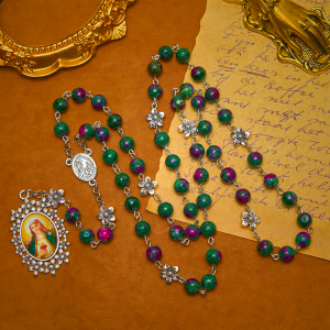 Exquisite Green Beads 7 Sorrows Rosary with Floral Charm and Miraculous Medal