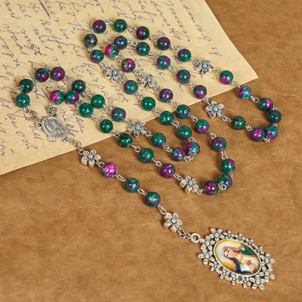 Exquisite Green Beads 7 Sorrows Rosary with Floral Charm and Miraculous Medal