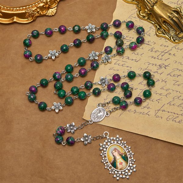 Exquisite Green Beads 7 Sorrows Rosary with Floral Charm and Miraculous Medal