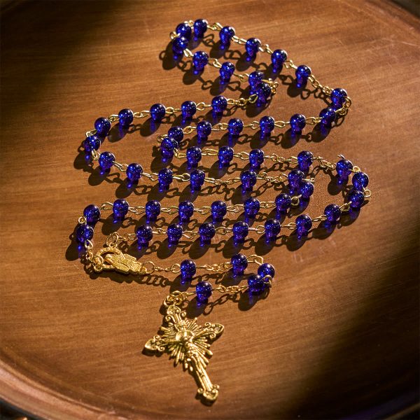 Christianartworkshop Deep Blue Glass Beads Rosary with Sacred Miraculous Medal and INRI Crucifix