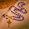 Deep Blue Glass Beads Rosary with Sacred Miraculous Medal and INRI Crucifix