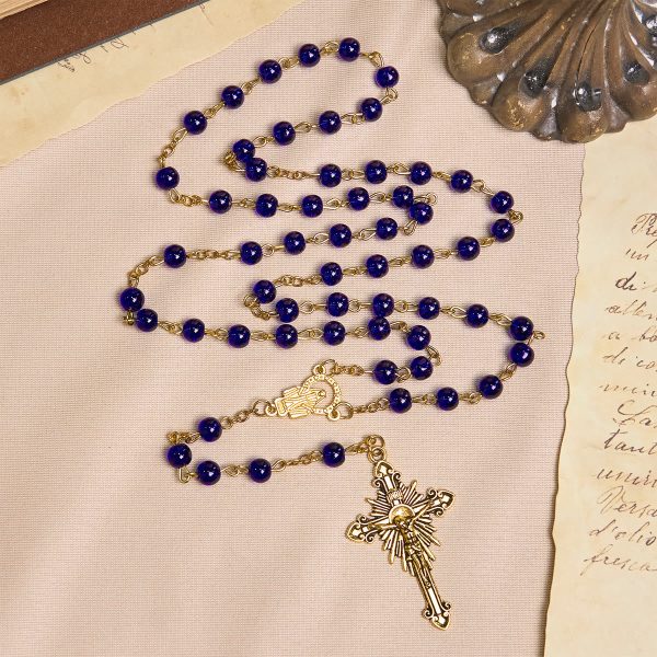 Christianartworkshop Deep Blue Glass Beads Rosary with Sacred Miraculous Medal and INRI Crucifix