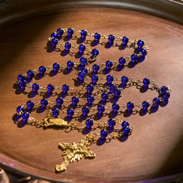 Christianartworkshop Deep Blue Glass Beads Rosary with Sacred Miraculous Medal and INRI Crucifix