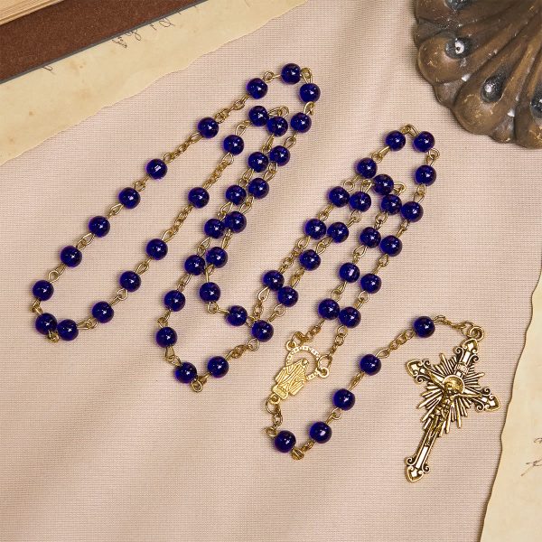 Christianartworkshop Deep Blue Glass Beads Rosary with Sacred Miraculous Medal and INRI Crucifix