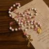 Christianartworkshop Miraculous Medal & Crucifix of 8 mm Round Floral Pink Ceramic Alloy Chain Rosary