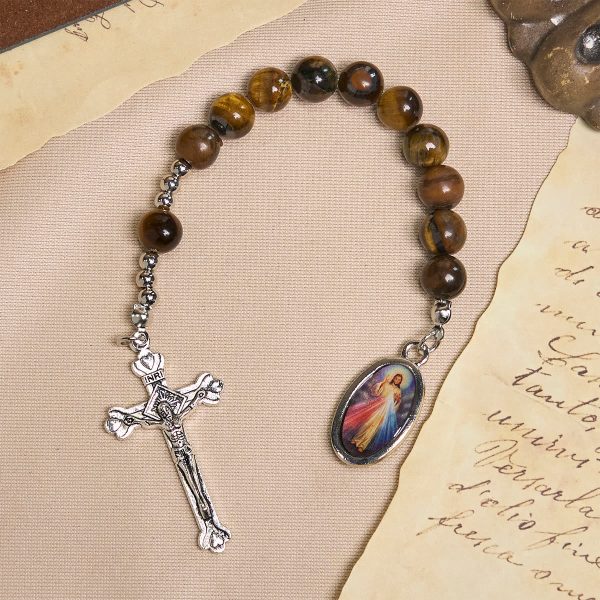 Christianartworkshop Compact Tiger Eye Pocket Rosary with Crucifix & Divine Mercy for Daily Prayers