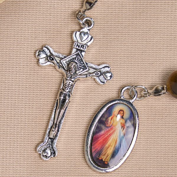 Christianartworkshop Compact Tiger Eye Pocket Rosary with Crucifix & Divine Mercy for Daily Prayers