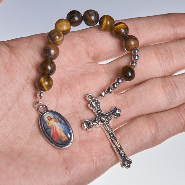 Christianartworkshop Compact Tiger Eye Pocket Rosary with Crucifix & Divine Mercy for Daily Prayers