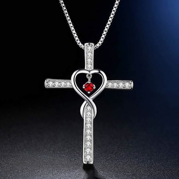 Christianartworkshop 12-Month Birthstone Cross Necklace with Heart Design and Sparkling Accents