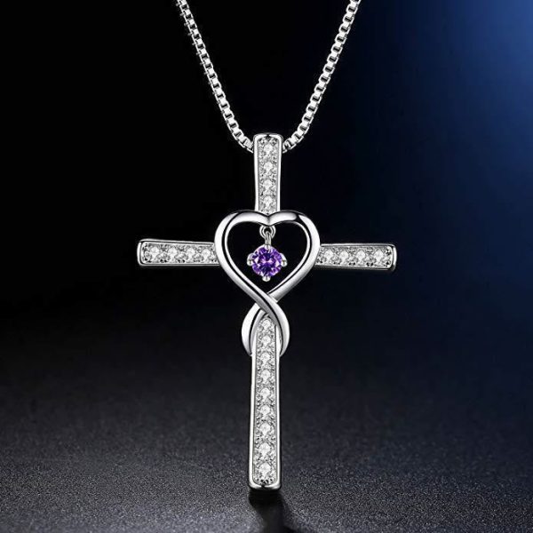 Christianartworkshop 12-Month Birthstone Cross Necklace with Heart Design and Sparkling Accents