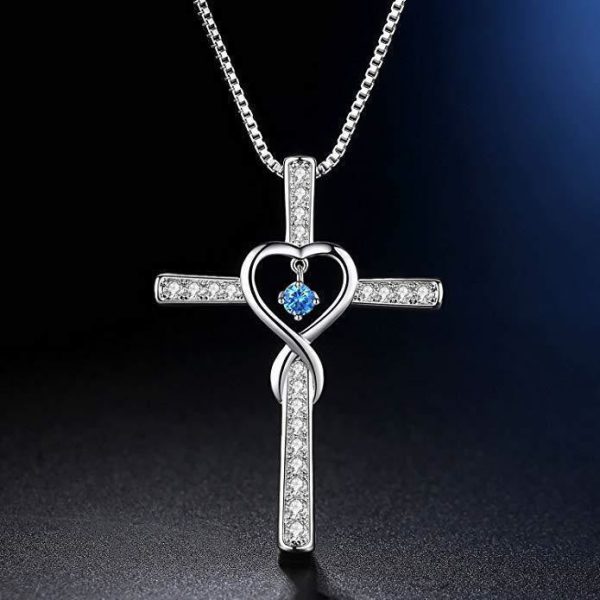 Christianartworkshop 12-Month Birthstone Cross Necklace with Heart Design and Sparkling Accents