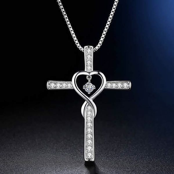 Christianartworkshop 12-Month Birthstone Cross Necklace with Heart Design and Sparkling Accents
